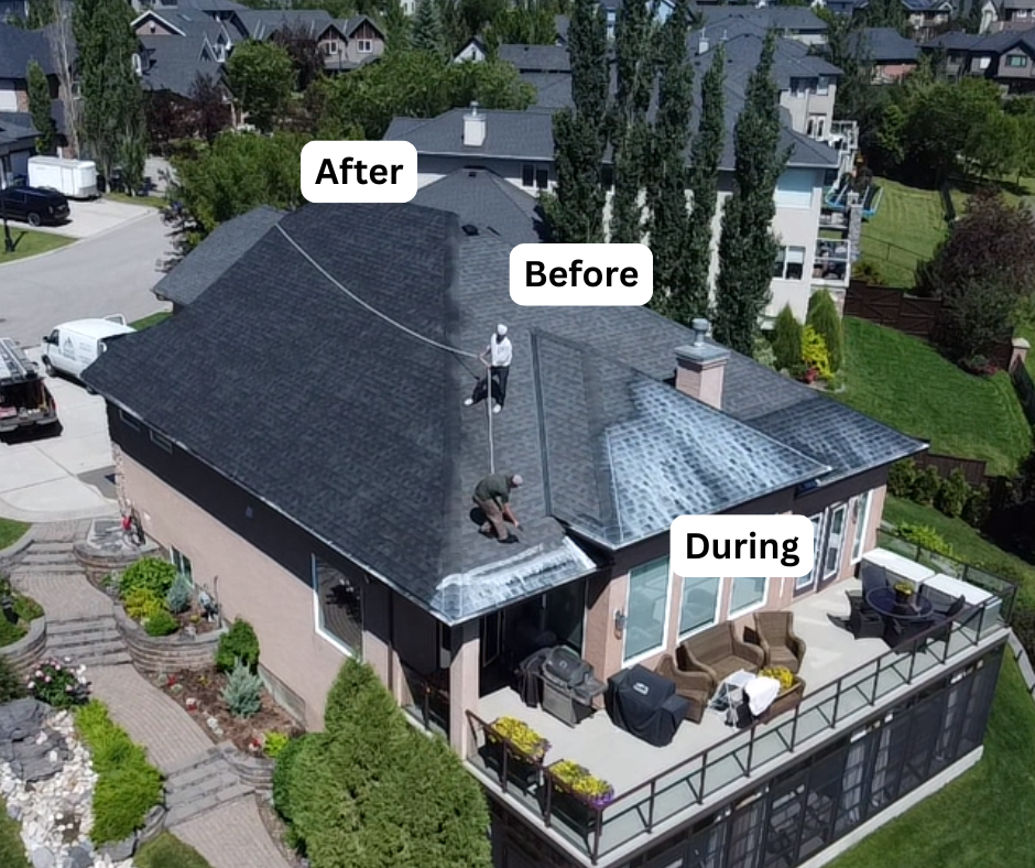 Aerial view of an asphalt shingle roof mid-treatment showing before, during and after sections